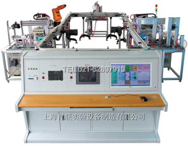 機(jī)電一體化柔性生產(chǎn)線綜合實(shí)訓(xùn)系統(tǒng)，五個(gè)分系統(tǒng)構(gòu)成即：數(shù)字化設(shè)計(jì)分系統(tǒng)、模擬加工制造分系統(tǒng)、檢測裝配分系統(tǒng)、生產(chǎn)物分流系統(tǒng)和信息管理分系統(tǒng)。它應(yīng)包含供料單元，操作手單元，搬運(yùn)單元，加工單元，搬運(yùn)單元，圖像檢測單元，機(jī)器人單元，安裝單元，提取單元，分類存儲(chǔ)單元，環(huán)形輸送單元，總控平臺(tái)等多個(gè)單元模塊